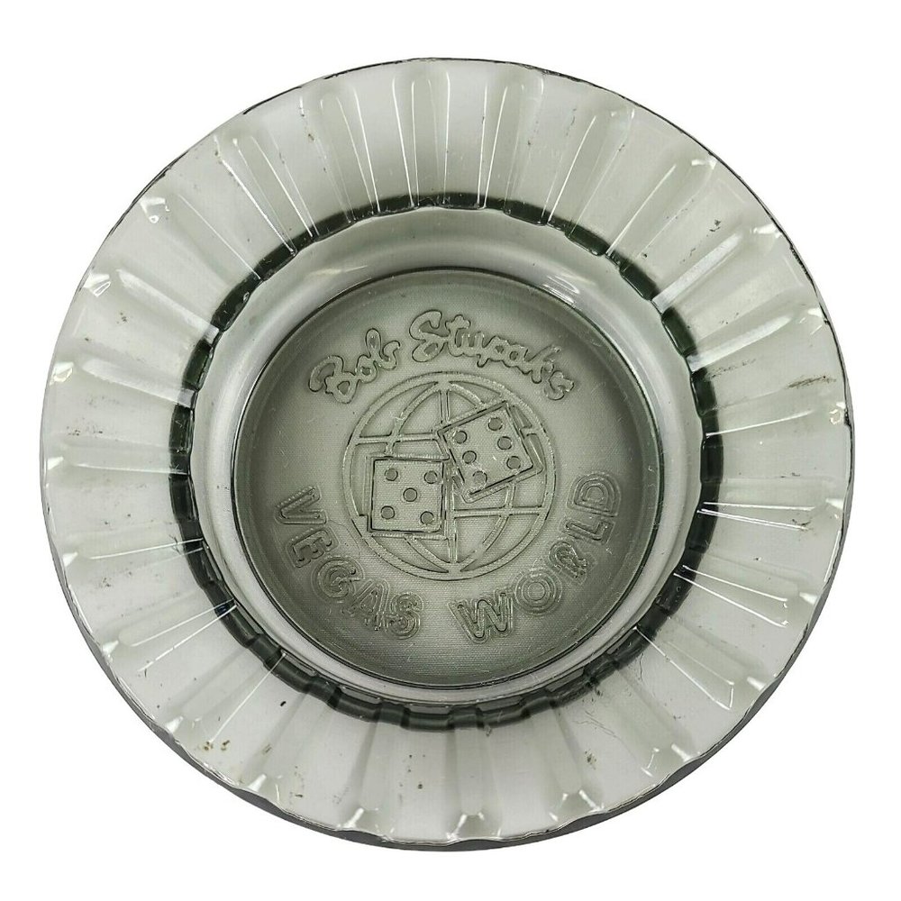 Smoked Glass Ashtray Bob Stupak's Vegas World Pie Crust Rim Dice Graphic 4.5"